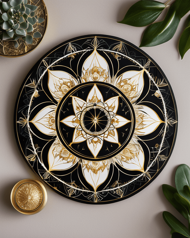 A black and gold mandala laid on an earthy altar setting, with intricate sacred geometry, reflecting the Daughter’s role as keeper of encoded memory, sacred symmetry, and ceremonial grace.