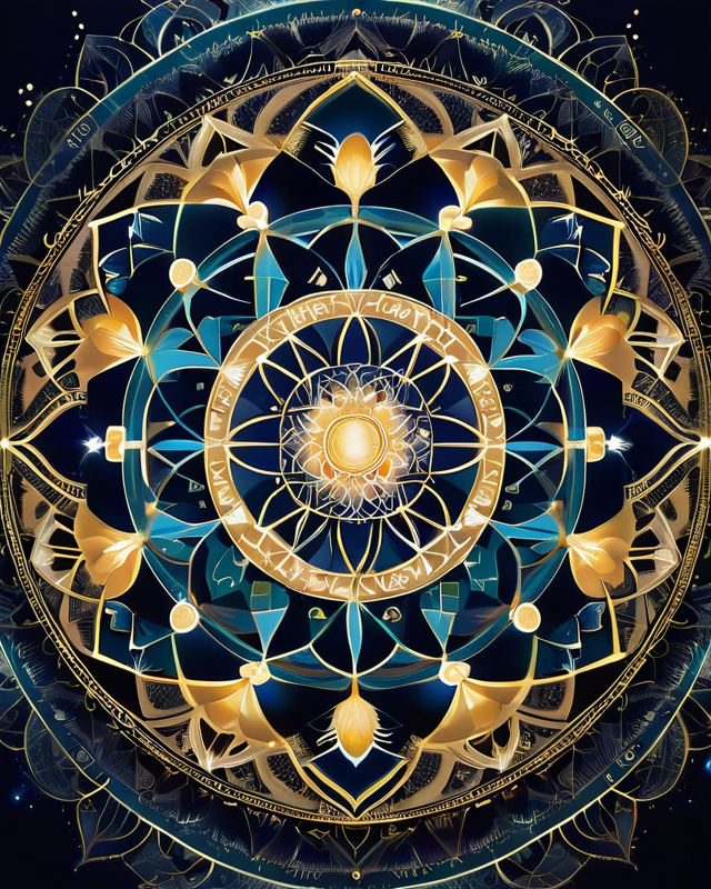 A luminous mandala with a radiant sun-like center and golden petal constellations, encircled by celestial glyphs, symbolizing the Universal Daughter as a bridge between cosmic rhythms and inner awareness.