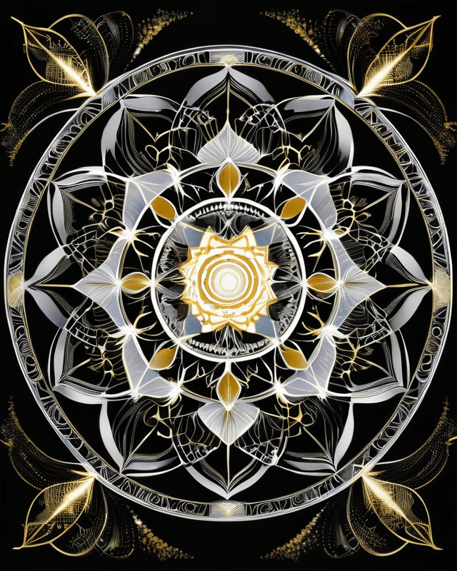 A detailed mandala featuring intricate patterns and shapes in gold, white, and black, symbolizing harmony and balance.