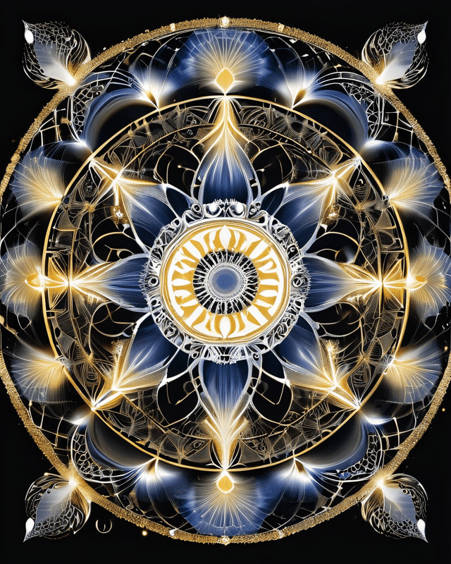 An intricate mandala design featuring a central circular motif with golden and white patterns radiating outward, surrounded by delicate blue and white floral shapes against a black background.