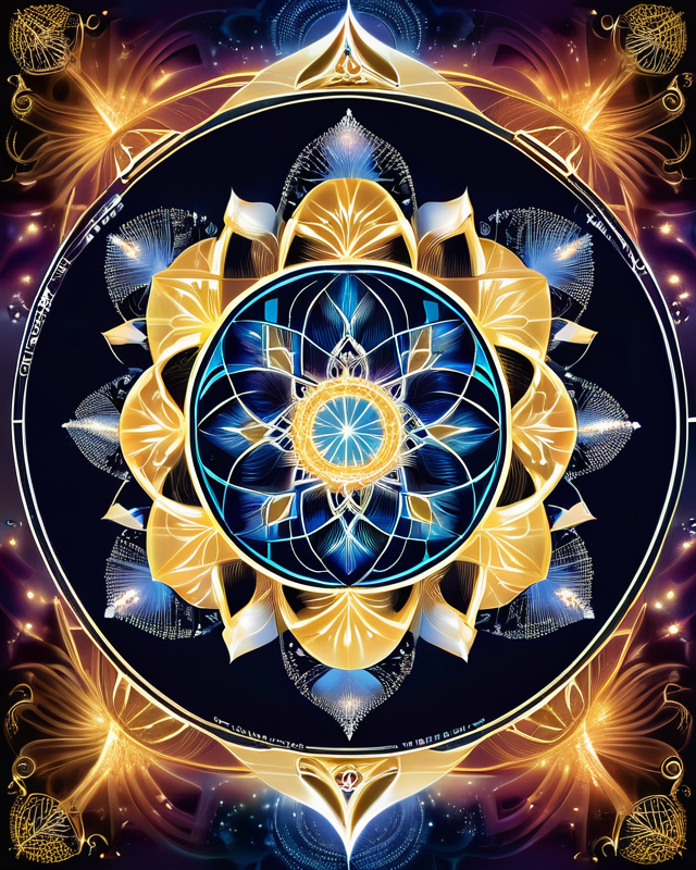 Intricate mandala of golden and cobalt blue petals radiating from a central light core, symbolizing equilibrium between inner stillness and cosmic movement within the Tree of Life.