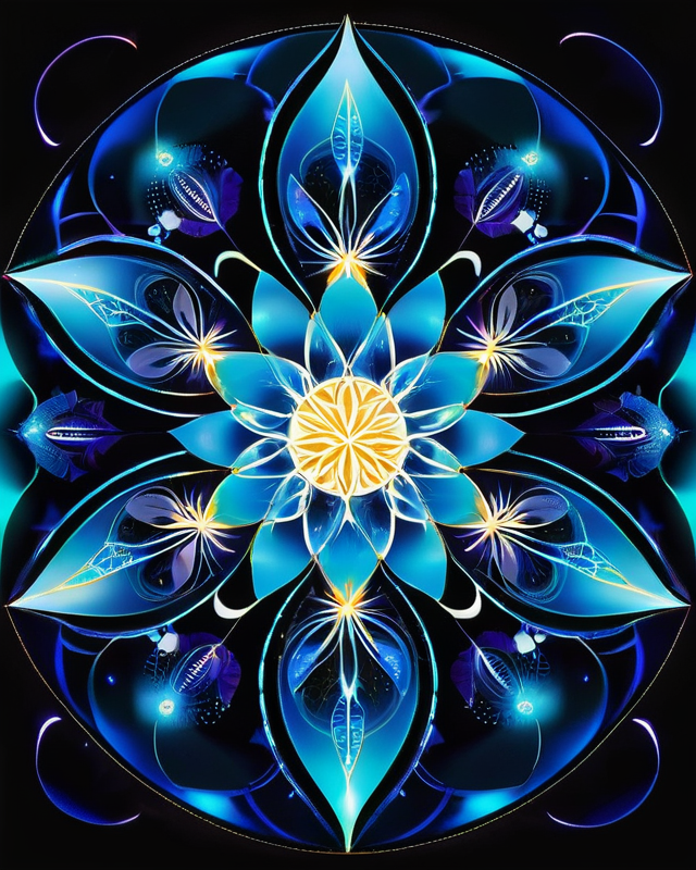 A soothing blue and white mandala featuring water-drop shaped petals and crescent moon motifs, centered on a golden sunburst.
