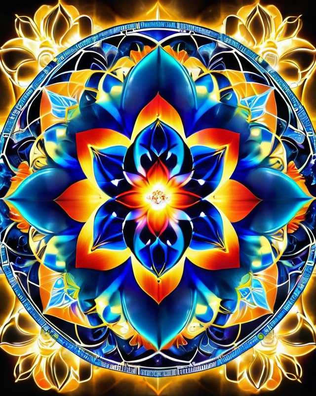 A glowing mandala with fiery orange and deep blue petals converging at a luminous core, surrounded by radiant golden lotus motifs.