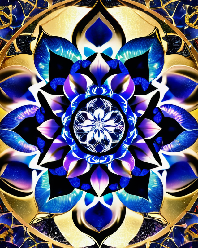 A high-contrast blue and gold mandala with dark outer petals and a luminous white central flower enclosed in radiant celestial shapes.