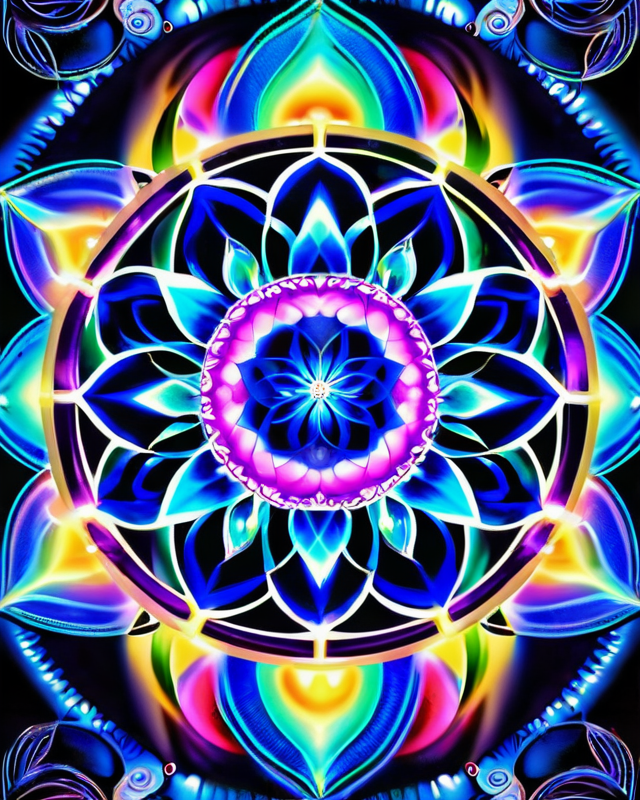 A vibrant multicolored mandala with radiating lotus petals in electric blues, purples, and luminous golds, emanating from a glowing floral core.