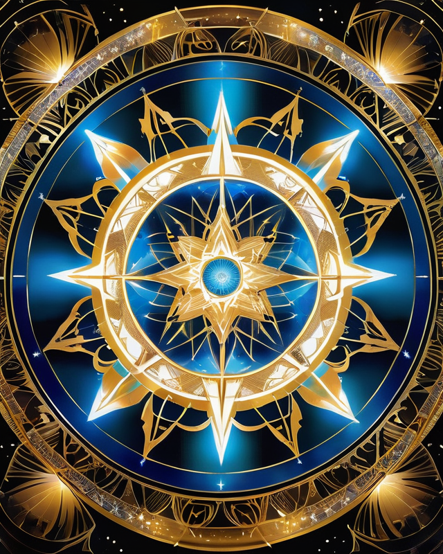 A star-centered mandala glowing with bright sapphire and golden elements, forming a harmonious grid of directional energy—symbolizing sovereign alignment and universal purpose.