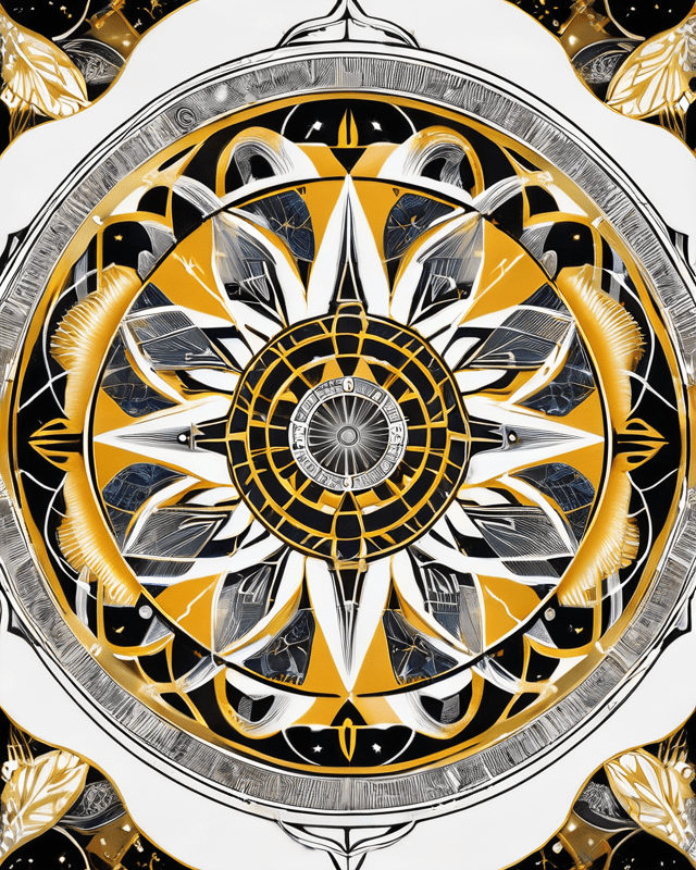 A black, white, and gold mandala with sharp linear patterns and coded text, radiating a frequency of high discernment and truth transmission, styled like an esoteric compass.