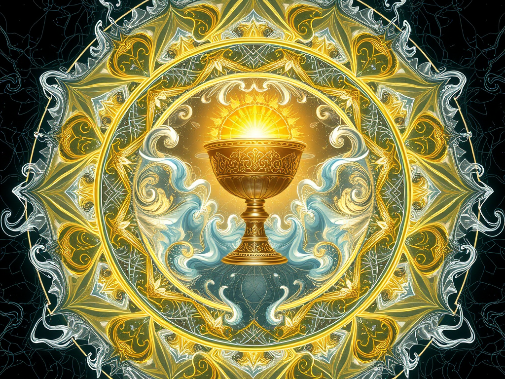 Radiant golden chalice at the center of an ornate mandala, surrounded by flowing aqua streams and golden filigree, symbolizing the outpouring of cosmic truth and higher consciousness.