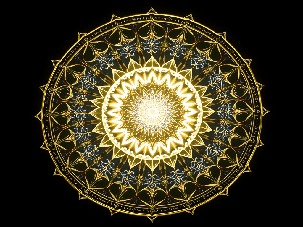 Mandala of glowing gold with symmetrical heart-leaf motifs and ancient symbols along the outer edge, radiating warmth from a crystalline center.