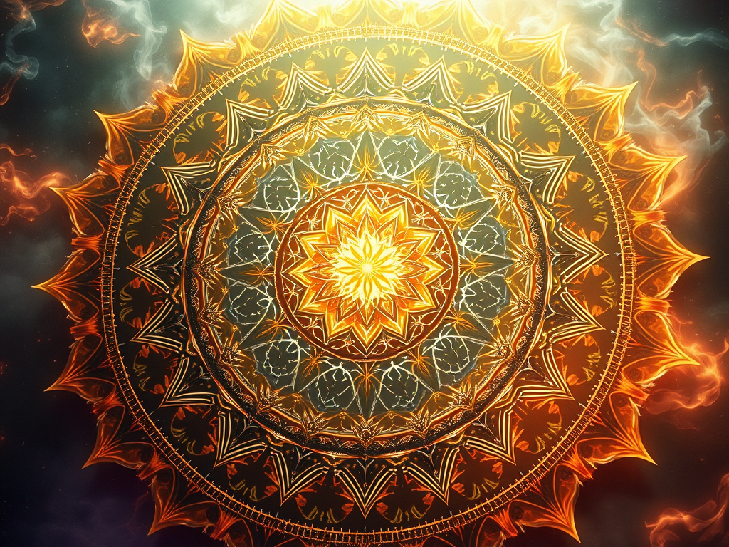 Solar mandala with vibrant fiery petals and crystalline orange patterns set in smoky celestial light, evoking sacred authority and cosmic clarity.