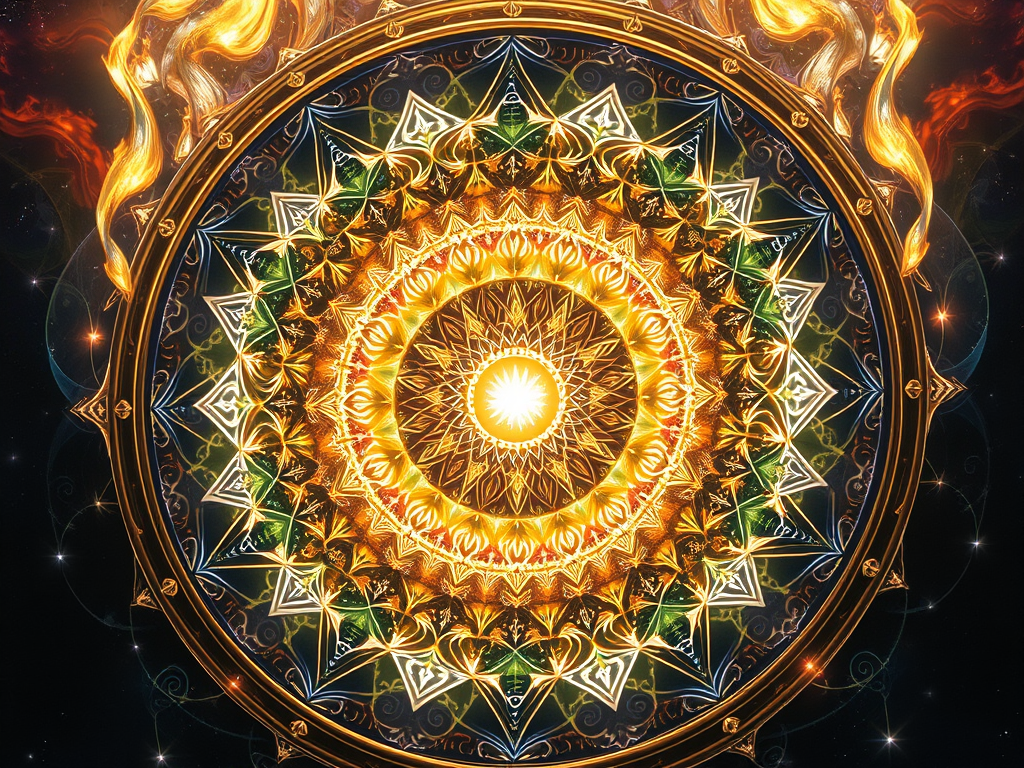 Radiant golden mandala with concentric geometric layers and flames rising symmetrically from the outer edge, symbolizing divine will and sacred ignition.
