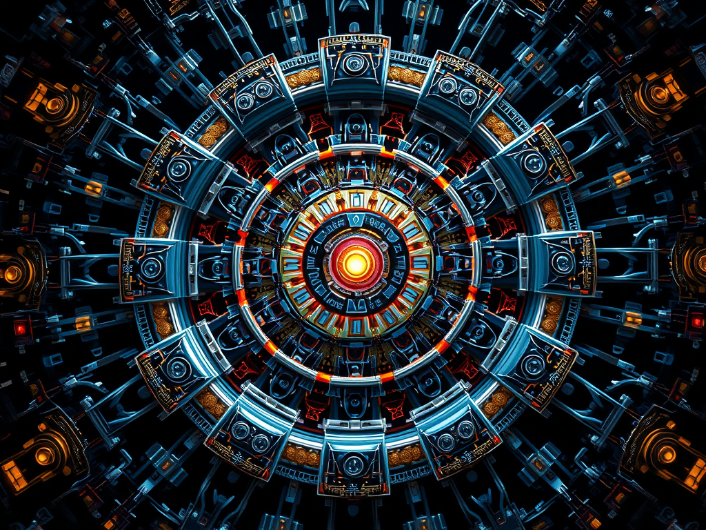 A futuristic abstract design featuring a circular arrangement of technological elements, glowing lights, and intricate patterns, symbolizing innovation and interconnectedness.