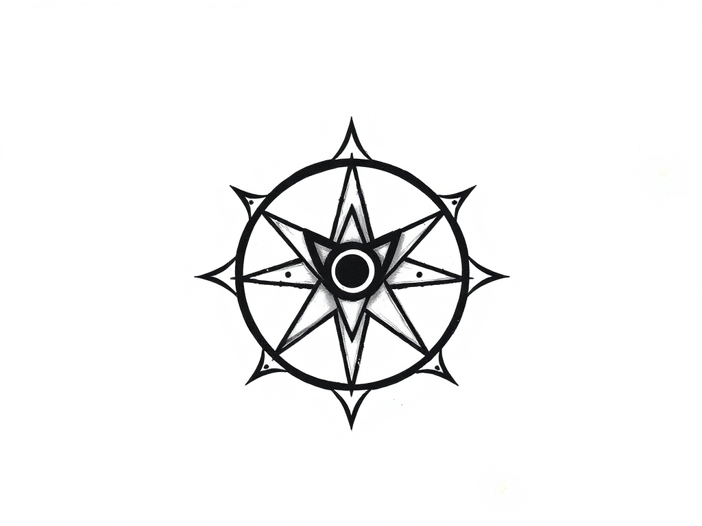 A black and white illustration of a compass rose design with intricate geometric shapes and a central circular element.